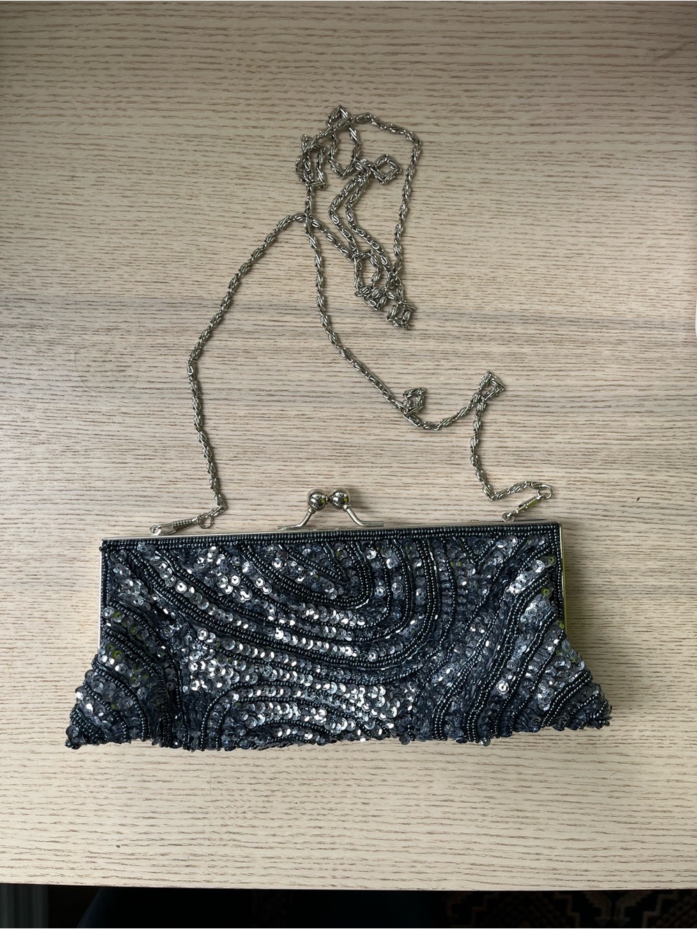 Embellished Blue Sequin Evening Clutch with Chain